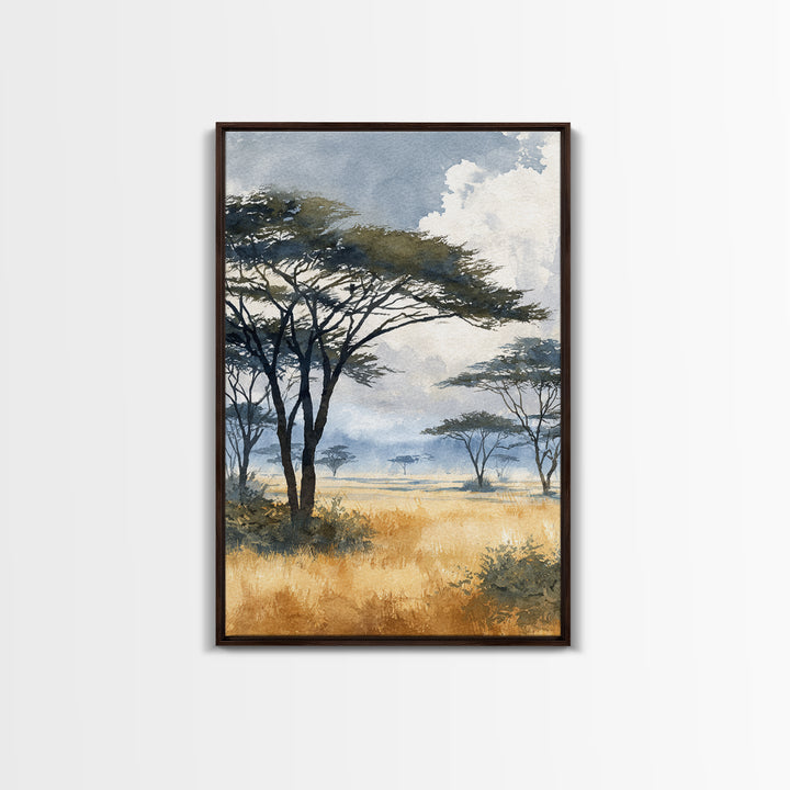 Wide Savanna with Acacia Silhouette Framed Canvas Print, Landscape Art, Digital Art, Living Room Decor, Fine Art, Horizon, LAN-2x3-51