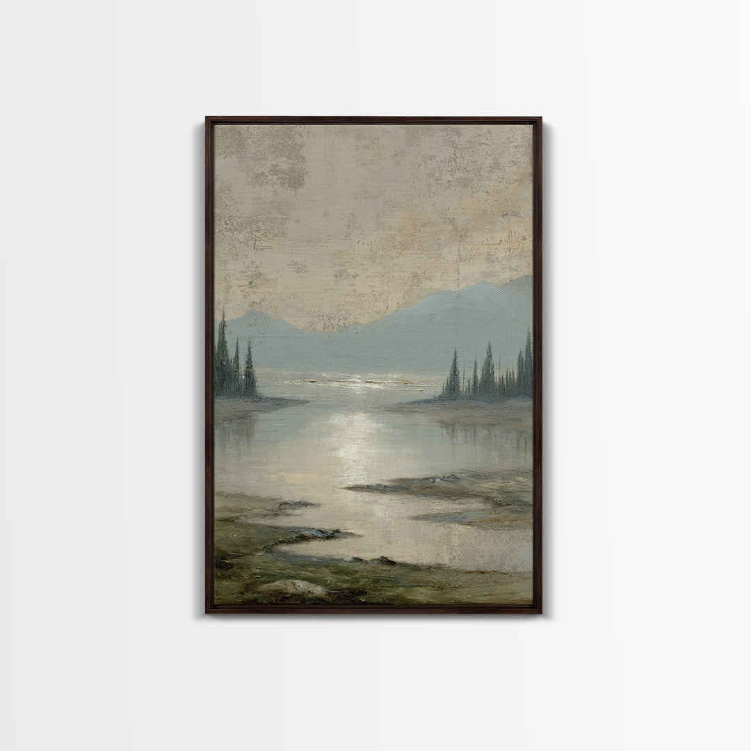 Moonlit River with Silver Reflections Framed Canvas Print, Landscape Art, Digital Print, Living Room Decor, Fine Art, Horizon, LAN-2x3-53