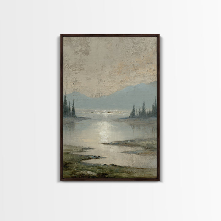 Moonlit River with Silver Reflections Framed Canvas Print, Landscape Art, Digital Print, Living Room Decor, Fine Art, Horizon, LAN-2x3-53