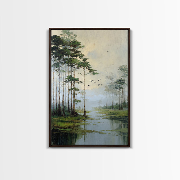 Misty Cypress Swamp Framed Canvas Print, Landscape Art, Minimalist Decor, Living Room Decor, Oil Painting, Horizon, LAN-2x3-6