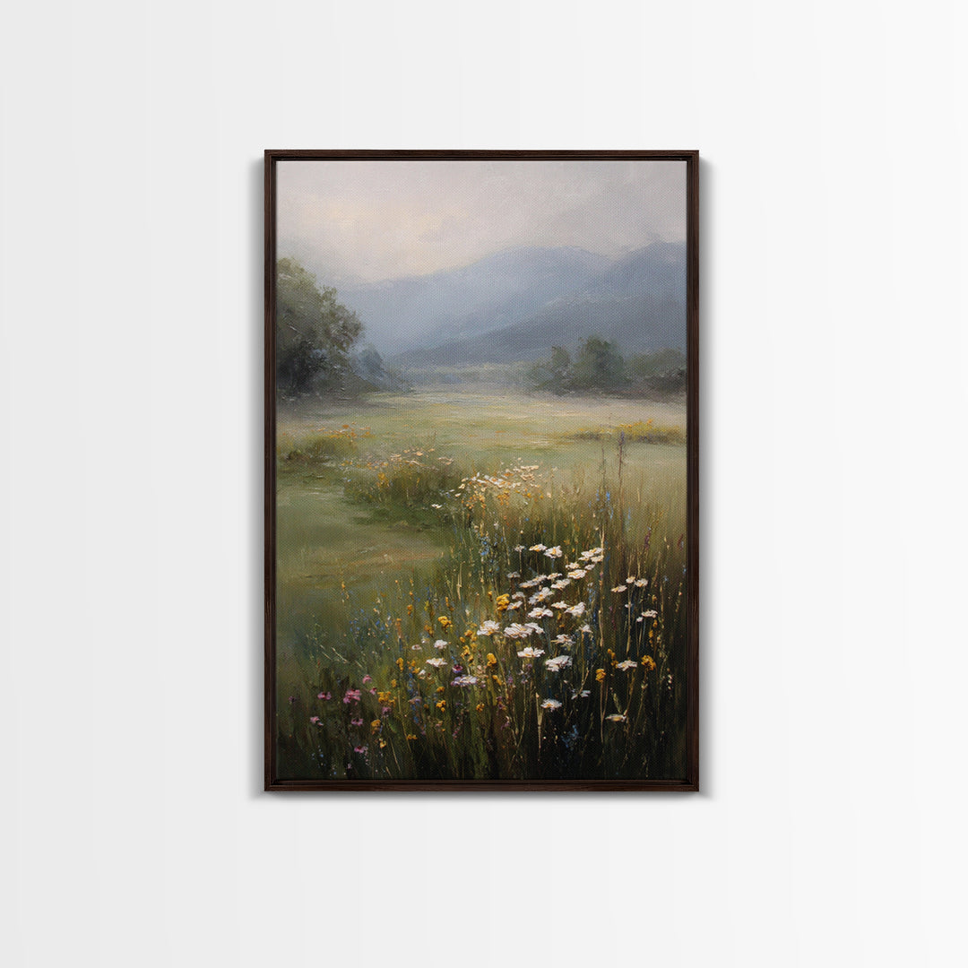 Sunlit Meadow with Wildflowers Framed Canvas Print, Landscape Art, Abstract Wall Art, Living Room Decor, Watercolor Art, LAN-2x3-69