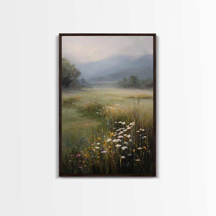 Sunlit Meadow with Wildflowers Framed Canvas Print, Landscape Art, Abstract Wall Art, Living Room Decor, Watercolor Art, LAN-2x3-69