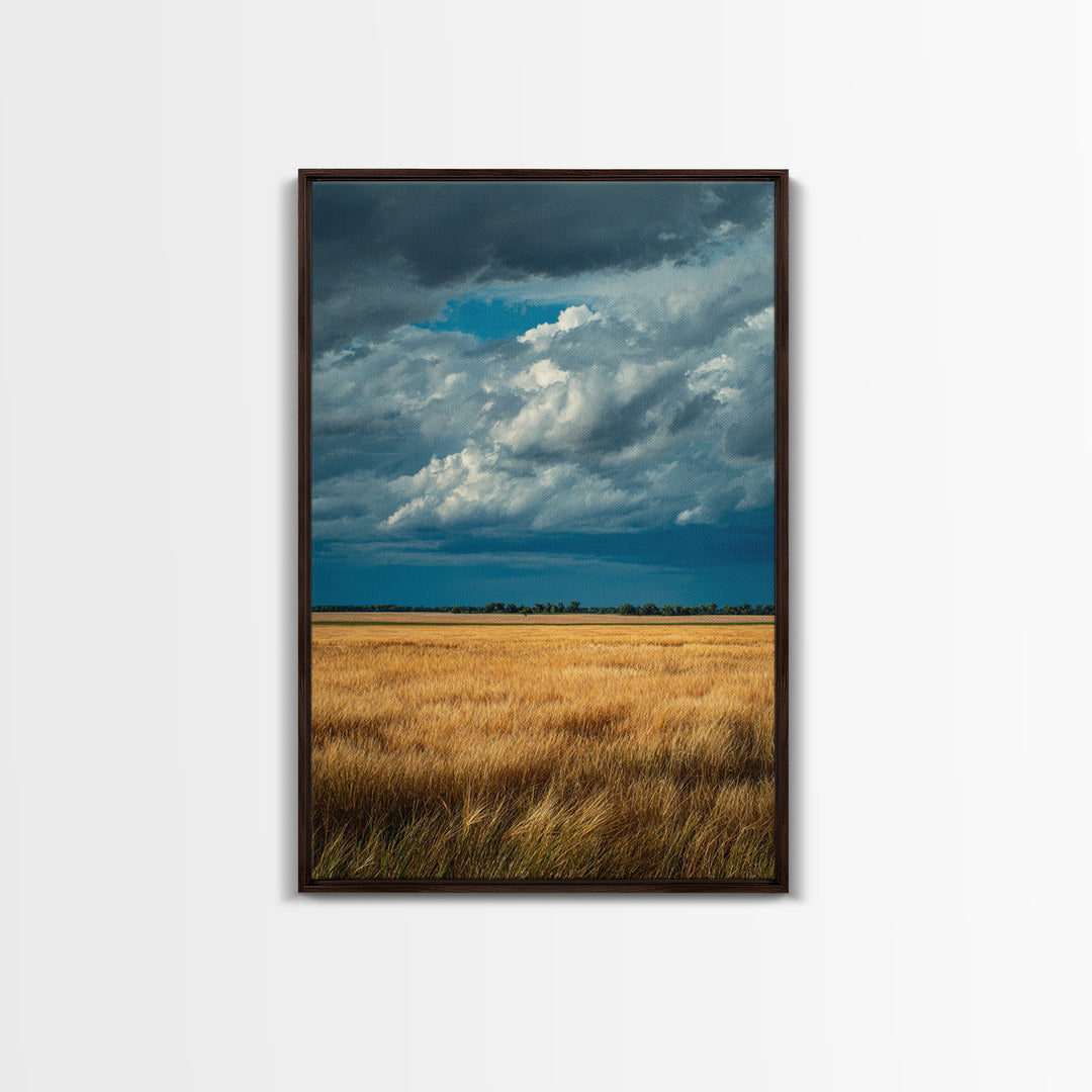 Golden Wheat Field Beneath Huge Clouds Framed Canvas Print, Landscape Art, Floral Wall Art, Living Room Decor, Horizon, LAN-2x3-8