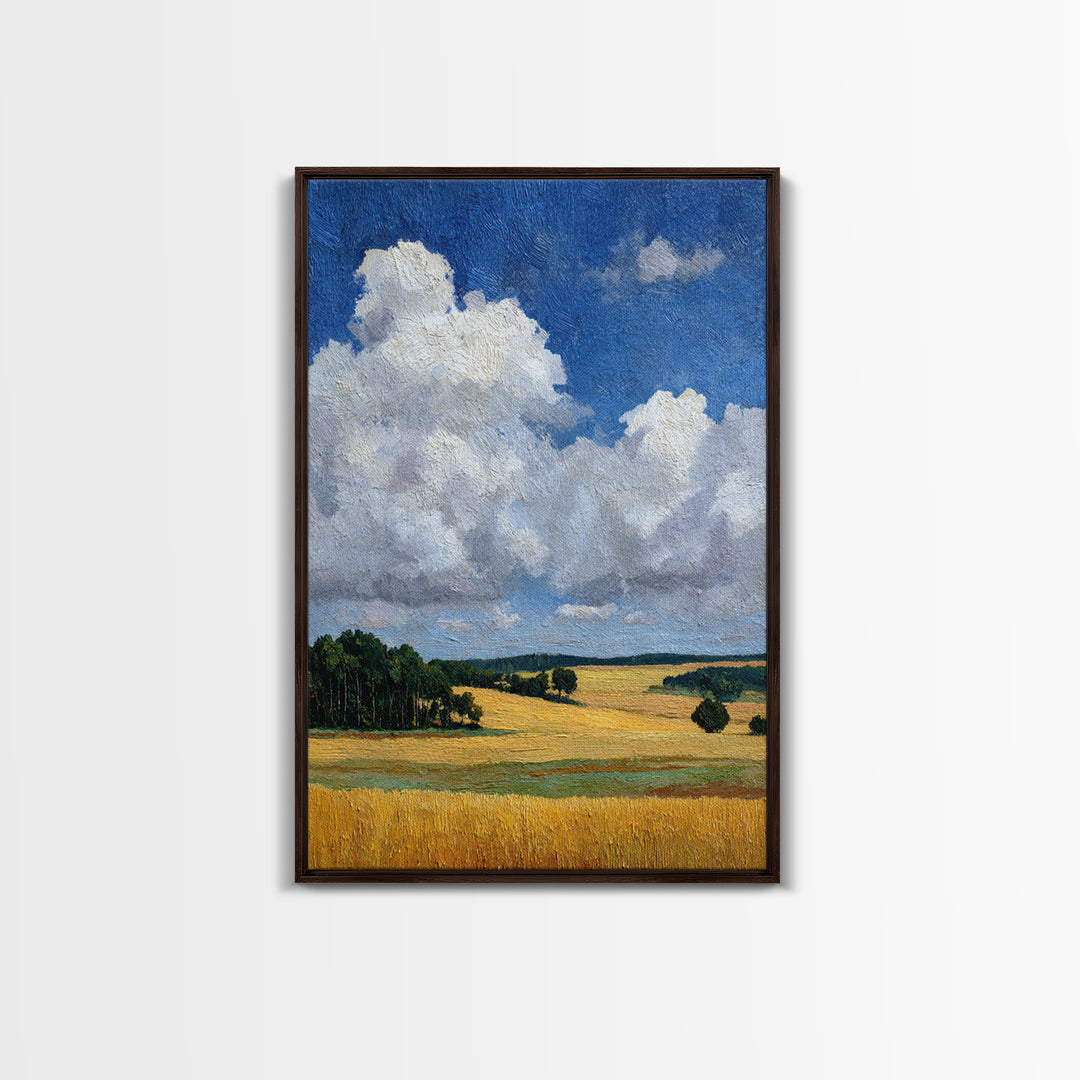 Golden Wheat Field Beneath Huge Clouds Framed Canvas Print, Landscape Art, Original Painting, Living Room Decor, Horizon, LAN-2x3-80