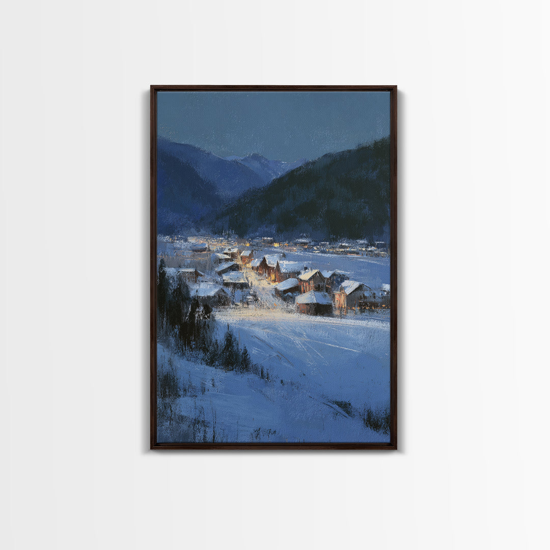 Snow Covered Alpine Village at Dusk Framed Canvas Print, Landscape Art, Living Room Wall Art, Living Room Decor, Oil Painting, LAN-2x3-87