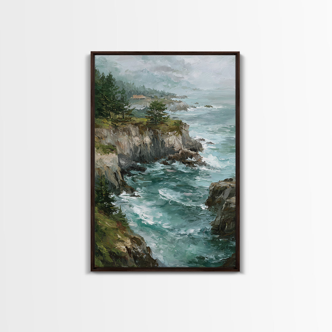 Coastal Cliffs with Crashing Waves Framed Canvas Print, Landscape Art, Farmhouse Decor, Living Room Decor, Fine Art, Horizon, LAN-2x3-88