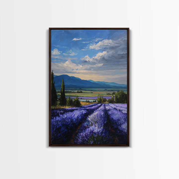 Lavender Field Leading to Distant Hills Framed Canvas Print, Landscape Art, Framed Wall Art, Living Room Decor, Oil Painting, LAN-2x3-90