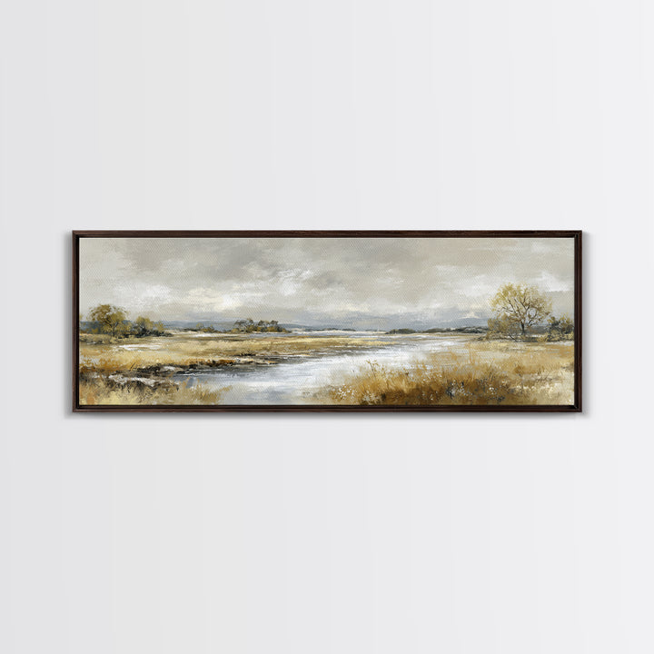 Moonlit River with Silver Reflections Canvas Print, Landscape Art, Living Room Decor, Oil Painting, Horizon, Modern Art, LAN-3x1-13