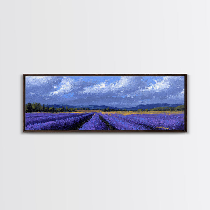 Lavender Field Leading to Distant Hills Framed Canvas Print, Landscape Art, Digital Wall Art, Living Room Decor, Horizon, LAN-3x1-2