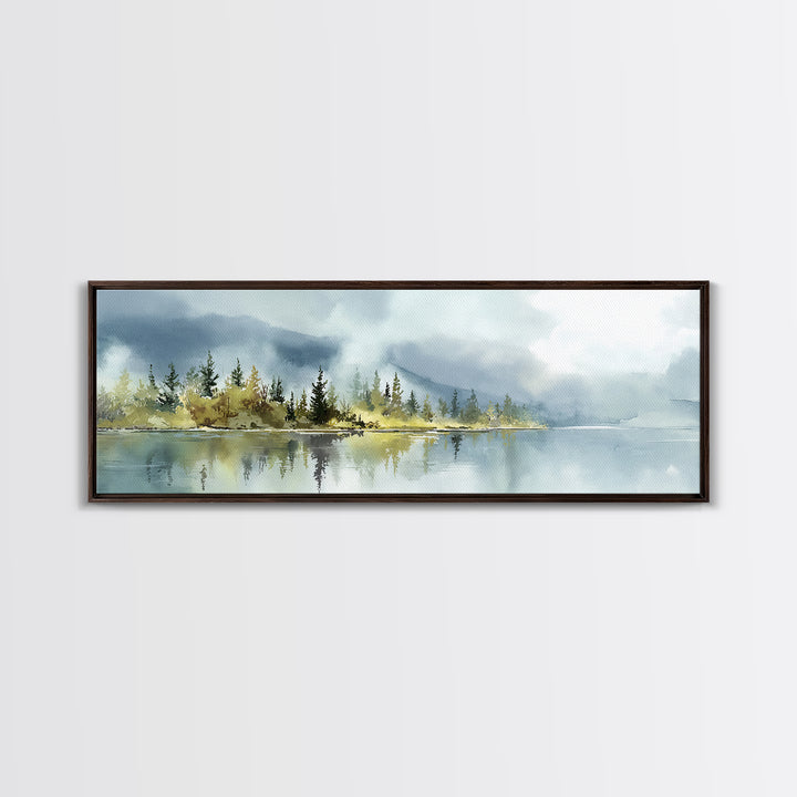 Quiet Lake Reflecting Pine Forest Canvas Print, Landscape Art, Living Room Wall Art, Living Room Decor, Oil Painting, Horizon, LAN-3x1-20
