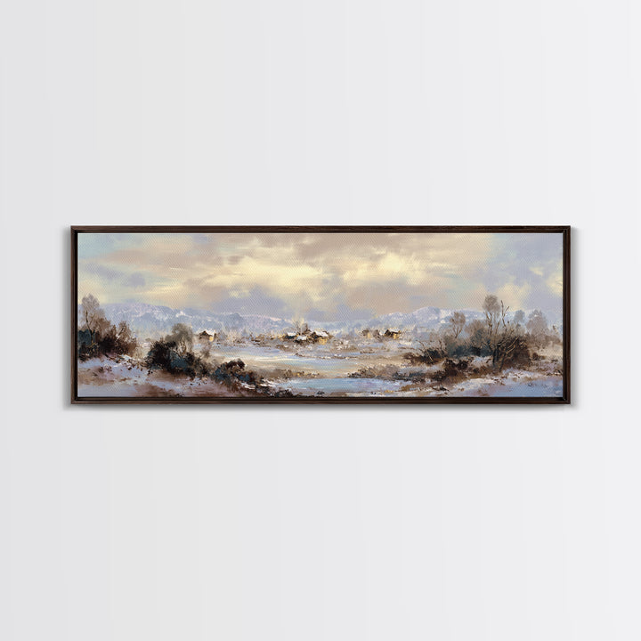 Snow Covered Alpine Village at Dusk Framed Canvas Print, Landscape Art, Room Decor, Living Room Decor, Fine Art, Horizon, LAN-3x1-23