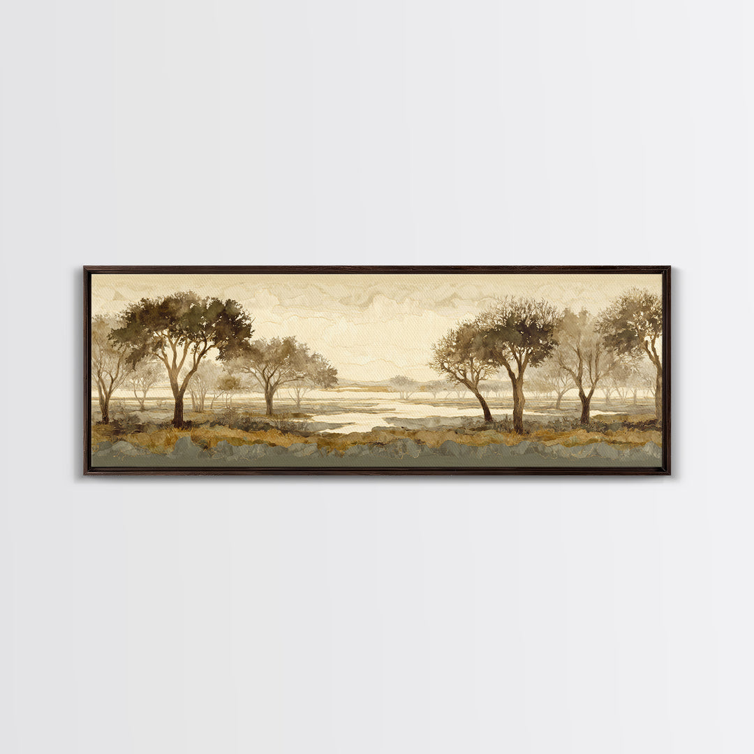 Wide Savanna with Acacia Silhouette Canvas Print, Landscape Art, Minimalist Decor, Living Room Decor, Oil Painting, Horizon, LAN-3x1-35