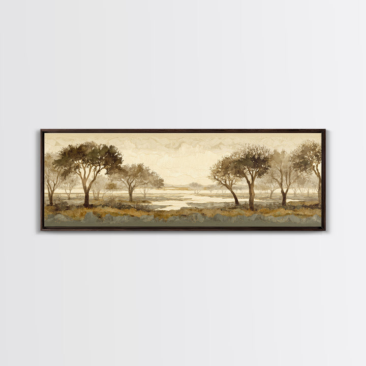 Wide Savanna with Acacia Silhouette Canvas Print, Landscape Art, Minimalist Decor, Living Room Decor, Oil Painting, Horizon, LAN-3x1-35