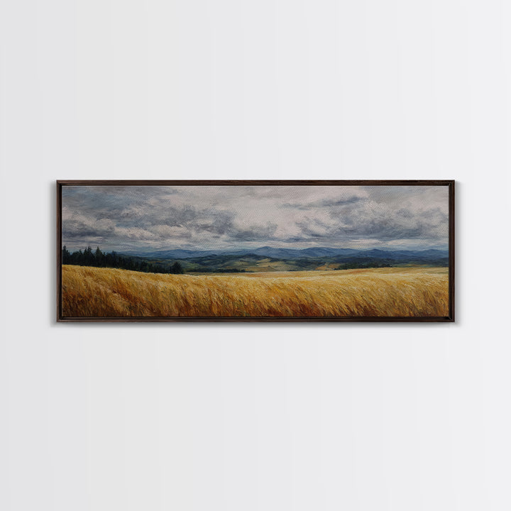 Golden Wheat Field Beneath Huge Clouds Canvas Print, Landscape Art, Neutral Decor, Living Room Decor, Oil Painting, Horizon, LAN-3x1-40