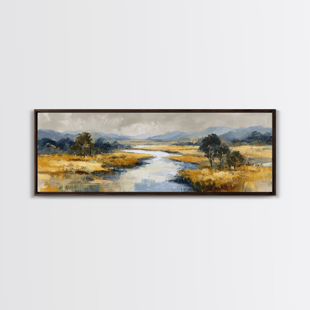 Winding River Through Golden Fields Canvas Print, Landscape Art, Boho Wall Art, Living Room Decor, Fine Art, Horizon, LAN-3x1-42