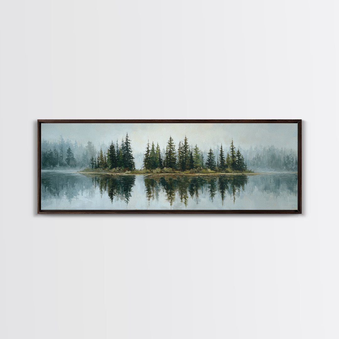 Quiet Lake Reflecting Pine Forest Framed Canvas Print, Landscape Art, Modern Decor, Living Room Decor, Fine Art, Horizon, LAN-3x1-44