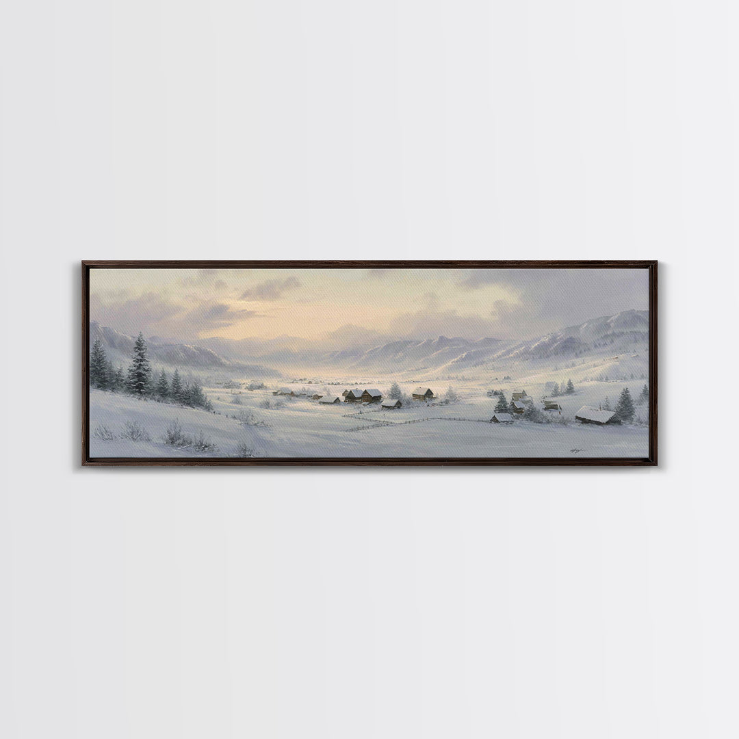 Snow Covered Alpine Village at Dusk Framed Canvas Print, Landscape Art, Digital Art, Living Room Decor, Fine Art, Horizon, LAN-3x1-47