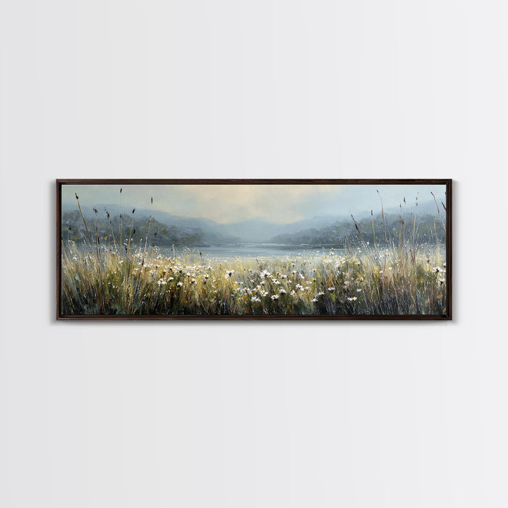 Sunlit Meadow with Wildflowers Framed Canvas Print, Landscape Art, Living Room Wall Art, Living Room Decor, Oil Painting, LAN-3x1-53