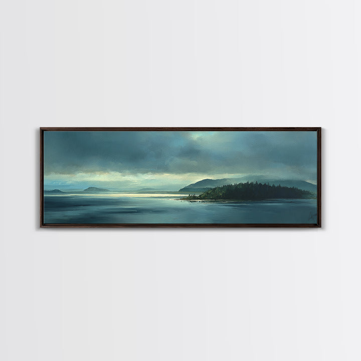 Fjord Landscape with Icy Blue Water Framed Canvas Print, Landscape Art, Decor, Living Room Decor, Oil Painting, Horizon, LAN-3x1-55