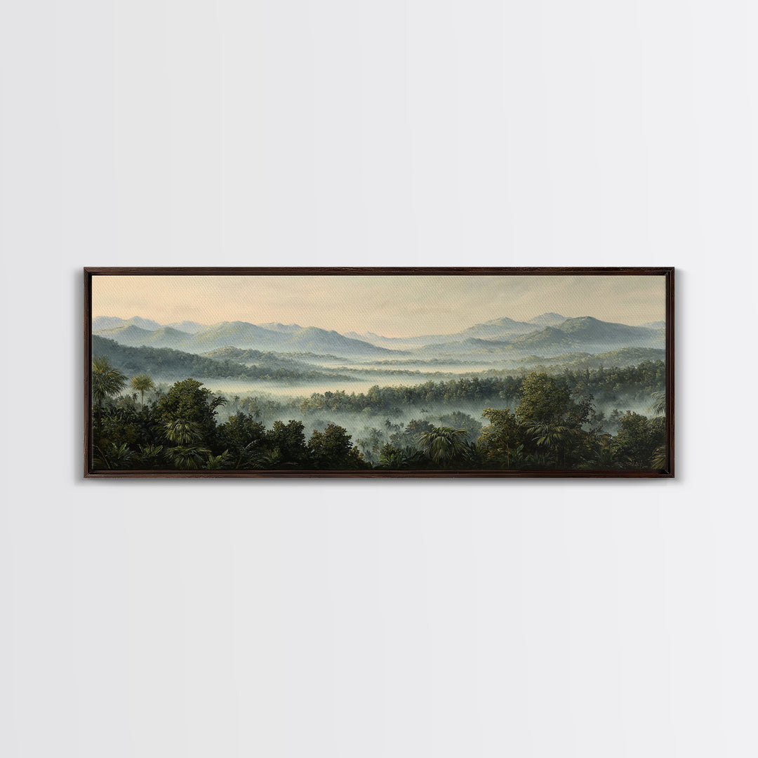 Tropical Jungle Waterfall Framed Canvas Print, Landscape Art, Minimalist Decor, Living Room Decor, Oil Painting, Horizon, LAN-3x1-56