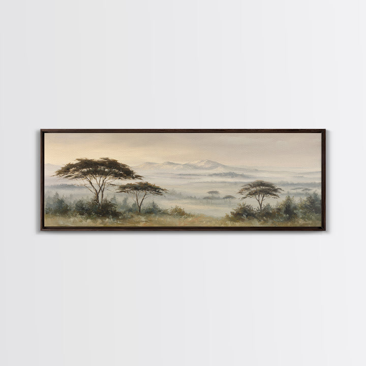 Wide Savanna with Acacia Silhouette Framed Canvas Print, Landscape Art, Digital Prints, Living Room Decor, Fine Art, Horizon, LAN-3x1-59