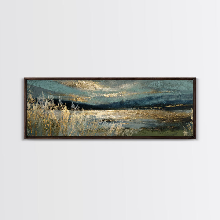 Moonlit River with Silver Reflections Canvas Print, Landscape Art, Floral Wall Art, Living Room Decor, Fine Art, Horizon, LAN-3x1-61