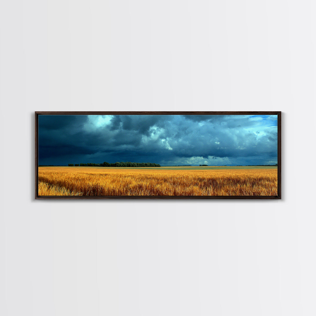 Golden Wheat Field Beneath Huge Clouds Framed Canvas Print, Landscape Art, Luxury Decor, Living Room Decor, Fine Art, Horizon, LAN-3x1-64
