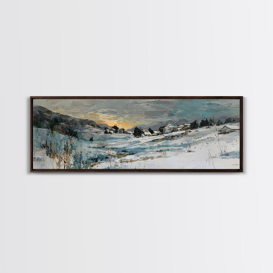 Snow Covered Alpine Village at Dusk Canvas Print, Landscape Art, Framed Wall Art, Living Room Decor, Oil Painting, Horizon, LAN-3x1-71
