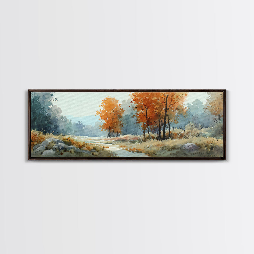 Autumn Forest Path Framed Canvas Print, Landscape Art, Neutral Decor, Living Room Decor, Oil Painting, Horizon, Home Decor, LAN-3x1-73