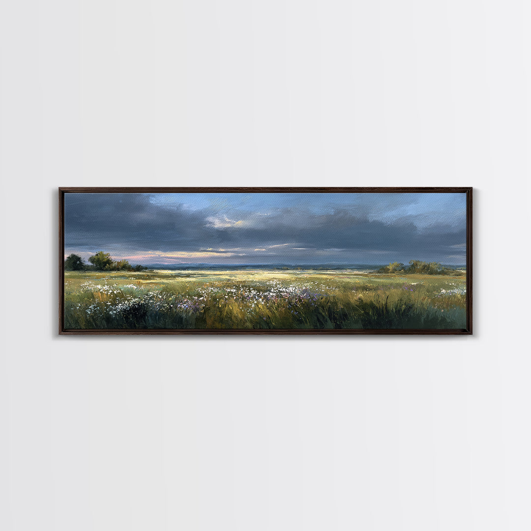 Sunlit Meadow with Wildflowers Framed Canvas Print, Landscape Art, Living Room Wall Art, Living Room Decor, Oil Painting, LAN-3x1-77