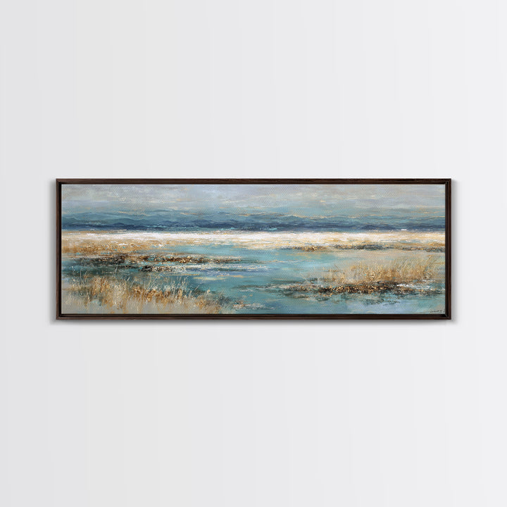Fjord Landscape with Icy Blue Water Framed Canvas Print, Landscape Art, Digital Print, Living Room Decor, Fine Art, Horizon, LAN-3x1-79
