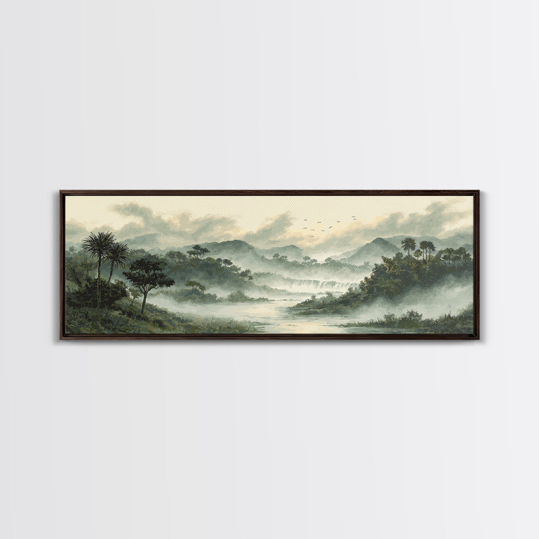 Tropical Jungle Waterfall Canvas Print, Landscape Art, Digital Prints, Living Room Decor, Fine Art, Horizon, Farmhouse Decor, LAN-3x1-80