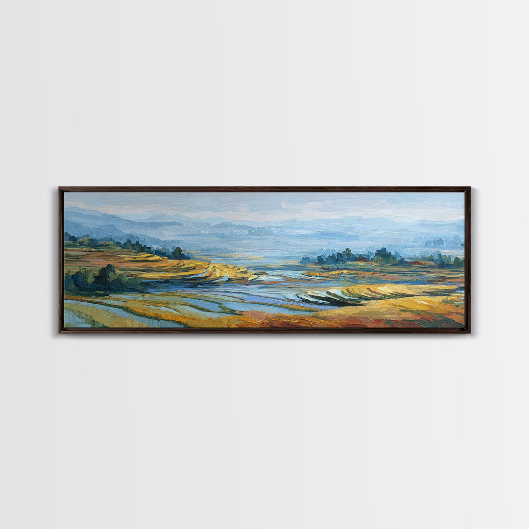 Rice Terraces Glowing Framed Canvas Print, Landscape Art, Living Room Decor, Oil Painting, Horizon, Modern Art, Gallery Decor, LAN-3x1-82