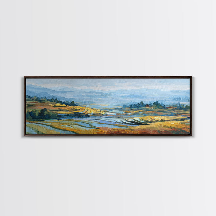 Rice Terraces Glowing Framed Canvas Print, Landscape Art, Living Room Decor, Oil Painting, Horizon, Modern Art, Gallery Decor, LAN-3x1-82