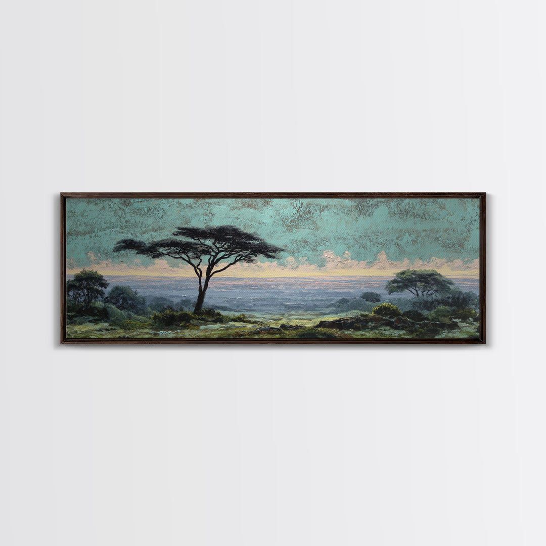 Wide Savanna with Acacia Silhouette Canvas Print, Landscape Art, Digital Wall Art, Living Room Decor, Fine Art, Horizon, LAN-3x1-83