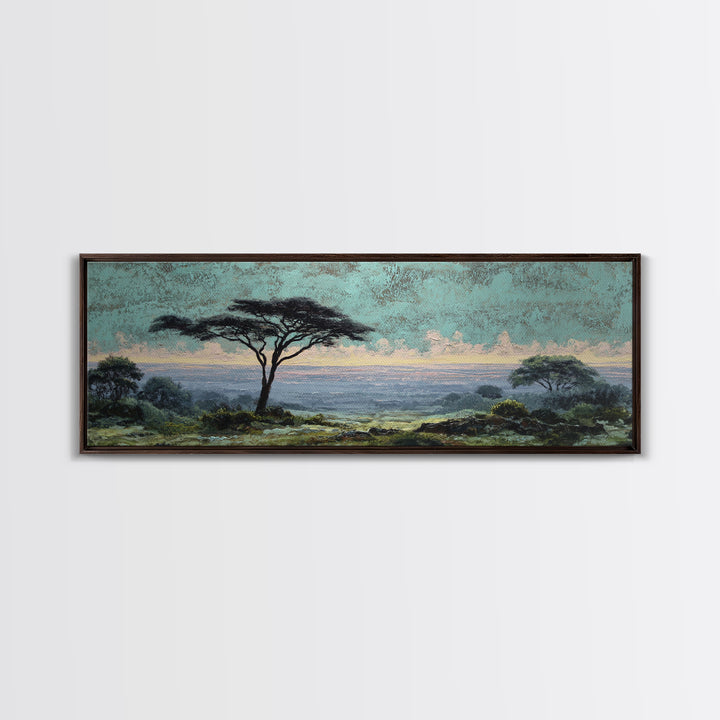 Wide Savanna with Acacia Silhouette Canvas Print, Landscape Art, Digital Wall Art, Living Room Decor, Fine Art, Horizon, LAN-3x1-83