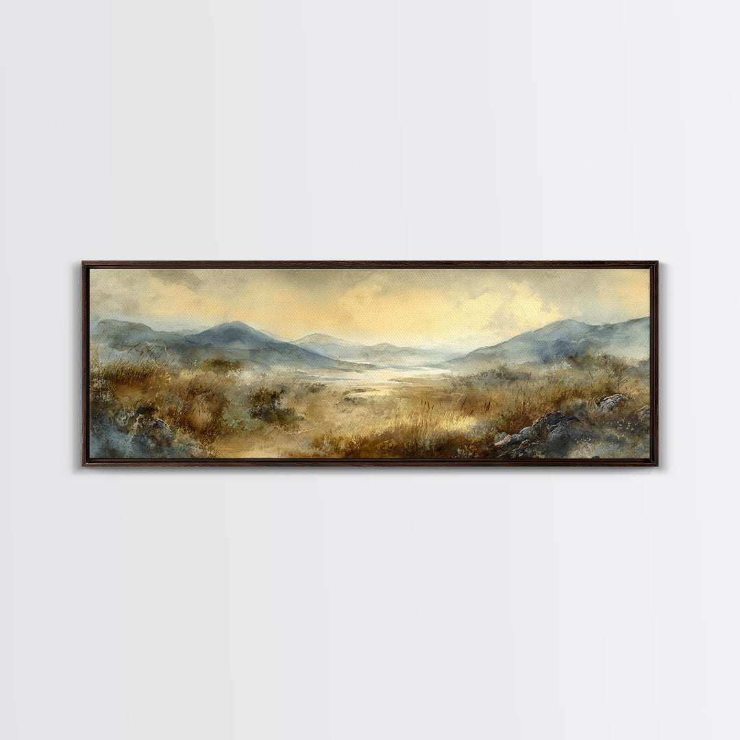 Misty Mountain Valley at Sunrise Framed Canvas Print, Landscape Art, Boho Decor, Living Room Decor, Fine Art, Horizon, LAN-3x1-89