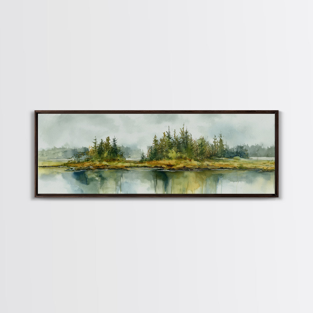 Quiet Lake Reflecting Pine Forest Canvas Print, Landscape Art, Digital Art, Living Room Decor, Fine Art, Horizon, Boho Wall Art, LAN-3x1-92