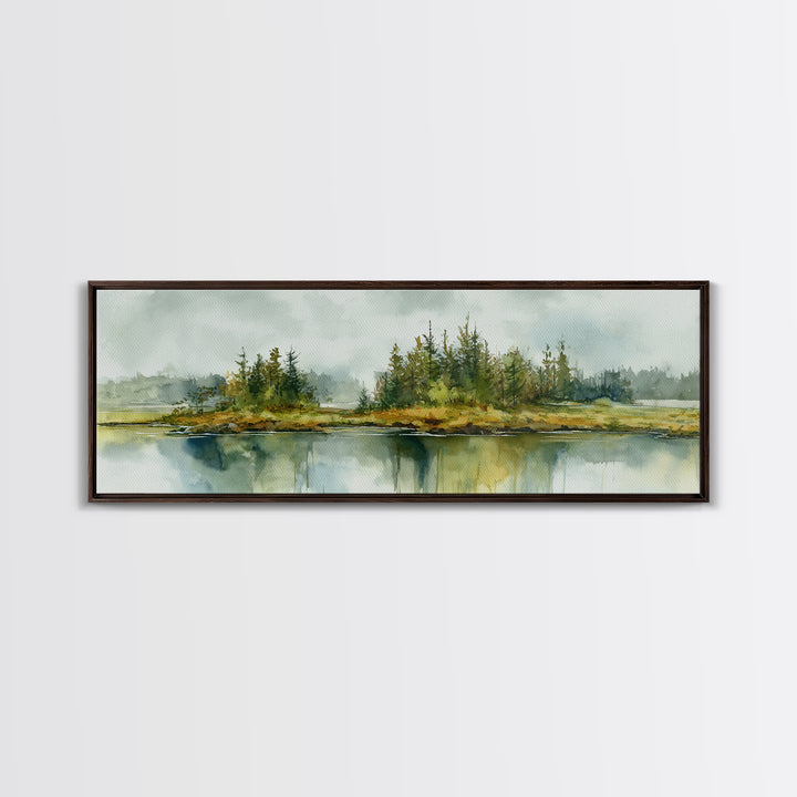 Quiet Lake Reflecting Pine Forest Canvas Print, Landscape Art, Digital Art, Living Room Decor, Fine Art, Horizon, Boho Wall Art, LAN-3x1-92
