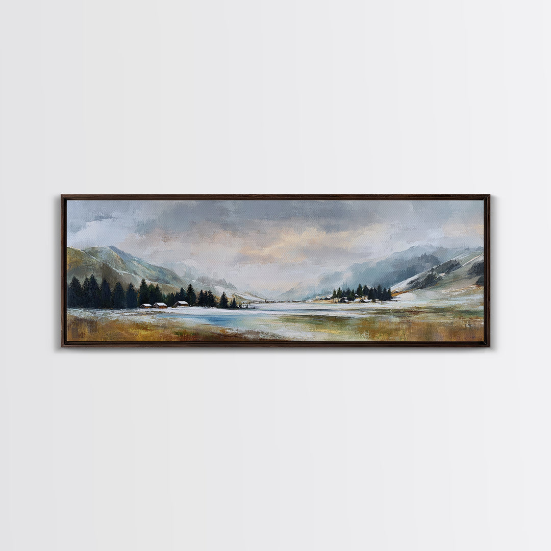 Snow Covered Alpine Village at Dusk Canvas Print, Landscape Art, Digital Art, Living Room Decor, Horizon, Boho Wall Art, LAN-3x1-95