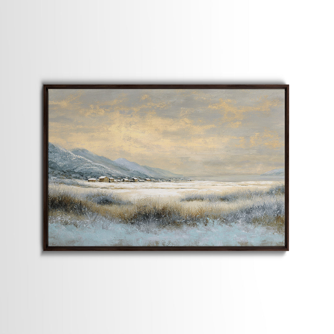 Snow Covered Alpine Village at Dusk Canvas Print, Landscape Art, Modern Decor, Living Room Decor, Fine Art, Horizon, Wall Decor, LAN-3x2-11