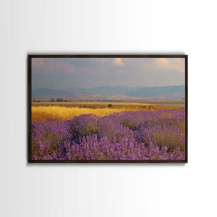 Lavender Field Leading to Distant Hills Framed Canvas Print, Landscape Art, Framed Wall Art, Living Room Decor, Oil Painting, LAN-3x2-14