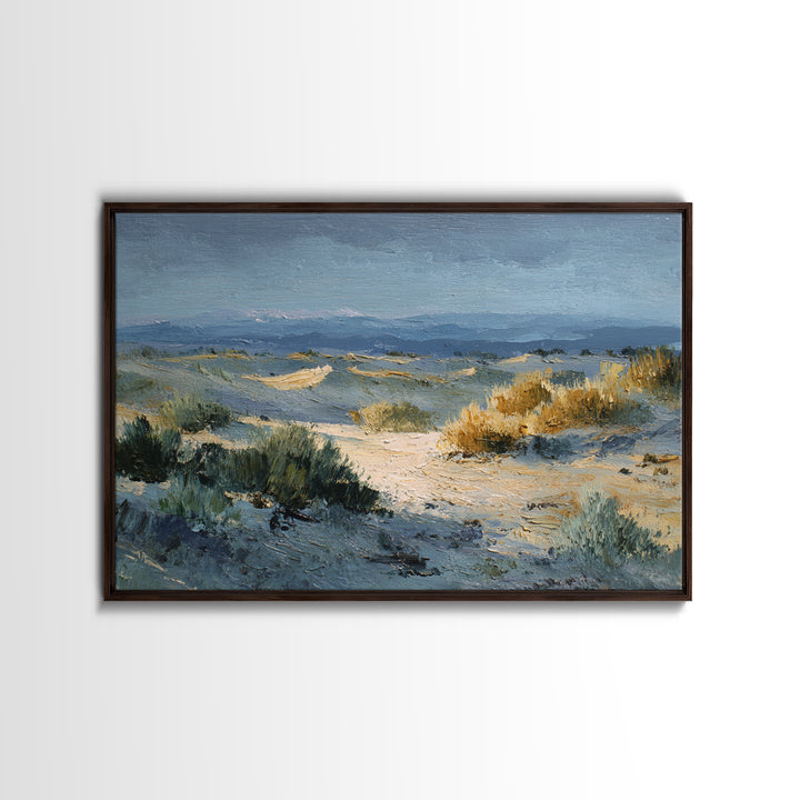Desert Dunes under Pale Moon Framed Canvas Print, Landscape Art, Boho Wall Art, Living Room Decor, Fine Art, Horizon, LAN-3x2-15