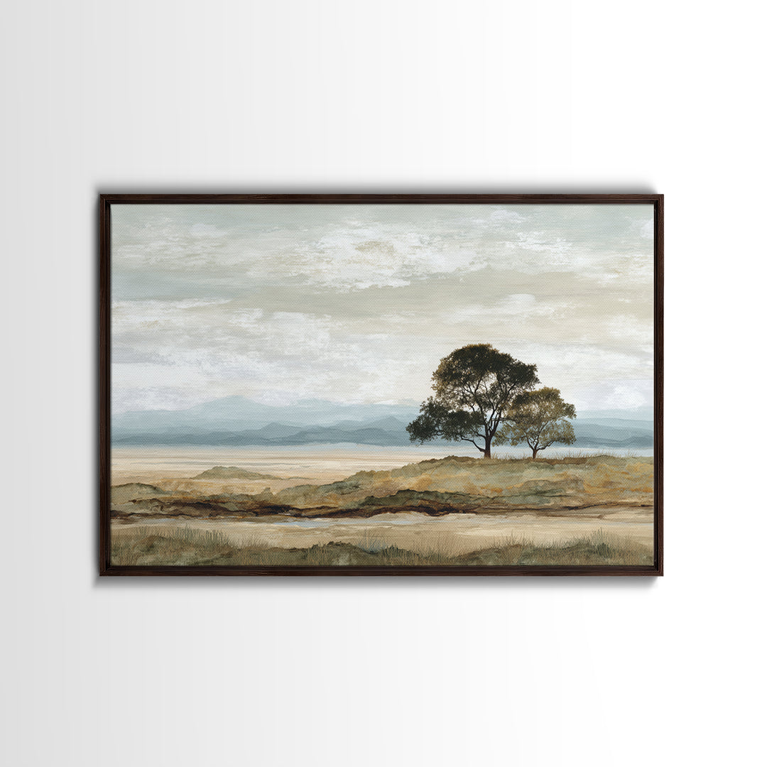 Wide Savanna with Acacia Silhouette Framed Canvas Print, Landscape Art, Living Room Wall Art, Living Room Decor, Oil Painting, LAN-3x2-23