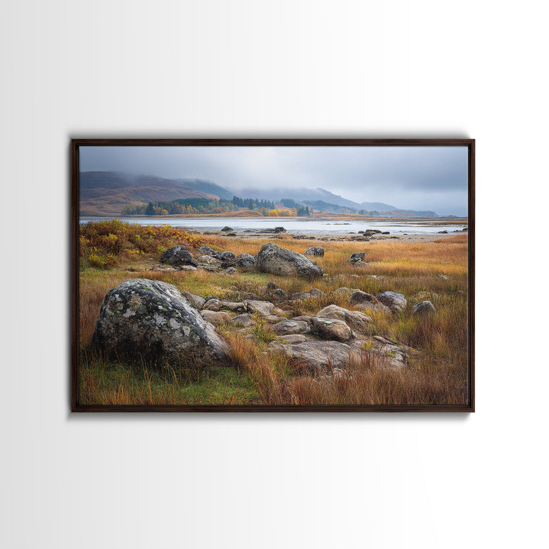 Rocky Scottish Highland Framed Canvas Print, Landscape Art, Gallery Decor, Living Room Decor, Fine Art, Horizon, Wall Art, LAN-3x2-45