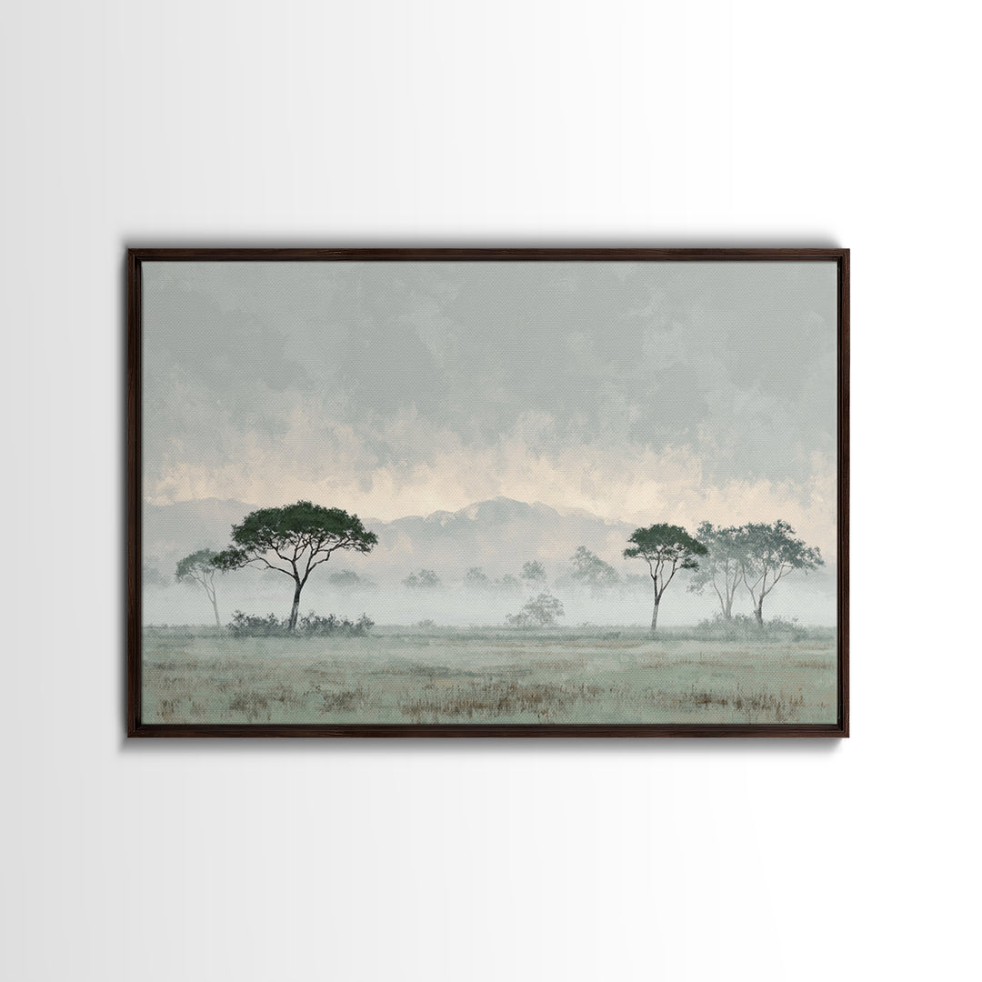 Wide Savanna with Acacia Silhouette Framed Canvas Print, Landscape Art, Digital Art, Living Room Decor, Fine Art, Horizon, LAN-3x2-47