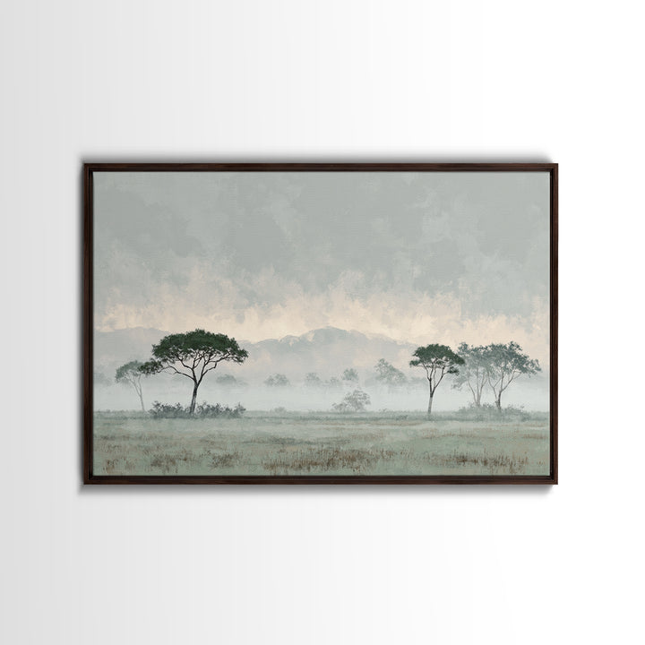 Wide Savanna with Acacia Silhouette Framed Canvas Print, Landscape Art, Digital Art, Living Room Decor, Fine Art, Horizon, LAN-3x2-47
