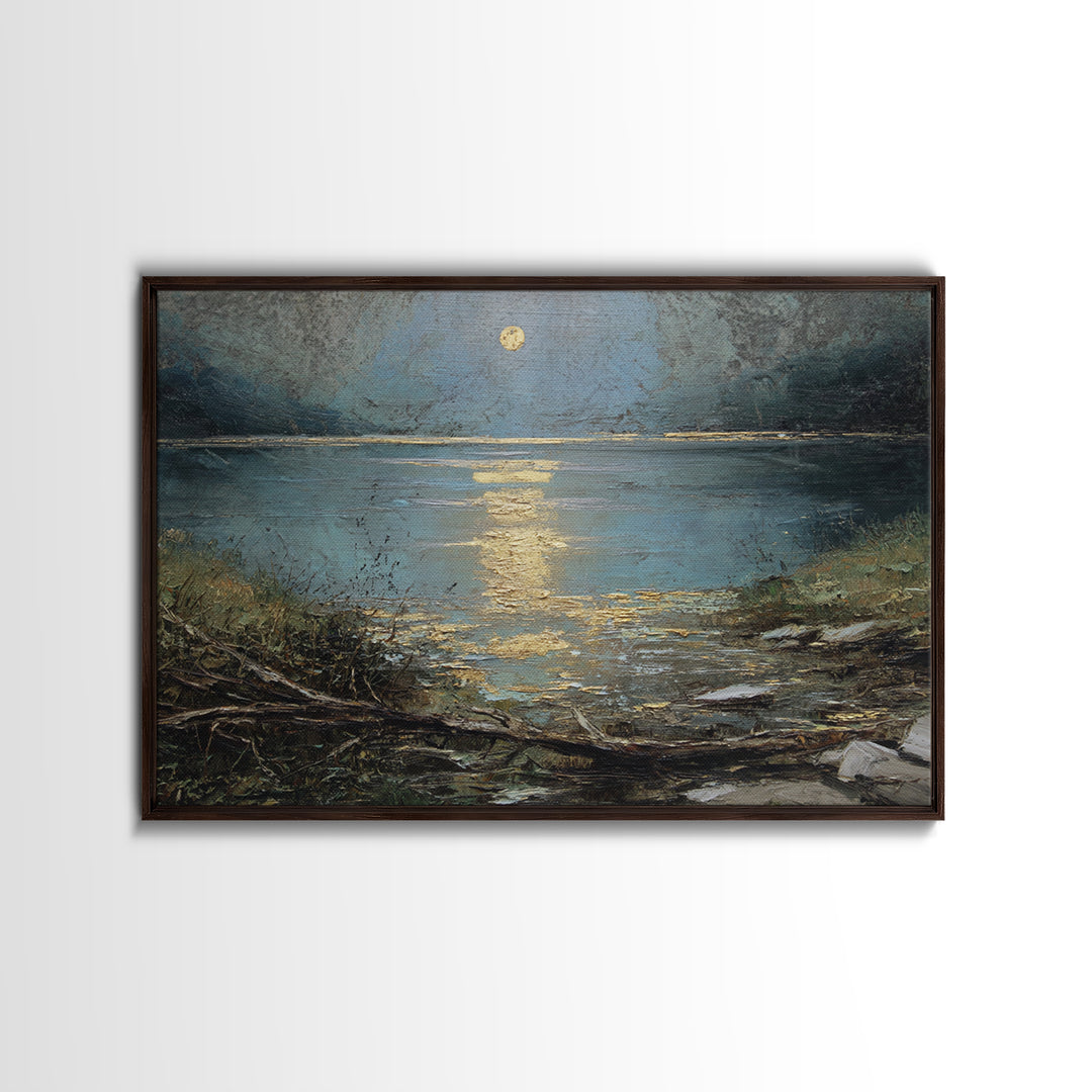 Moonlit River with Silver Reflections Canvas Print, Landscape Art, Neutral Decor, Living Room Decor, Oil Painting, Horizon, LAN-3x2-49
