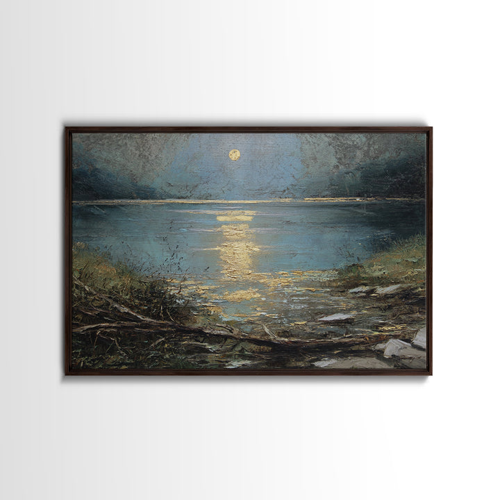 Moonlit River with Silver Reflections Canvas Print, Landscape Art, Neutral Decor, Living Room Decor, Oil Painting, Horizon, LAN-3x2-49