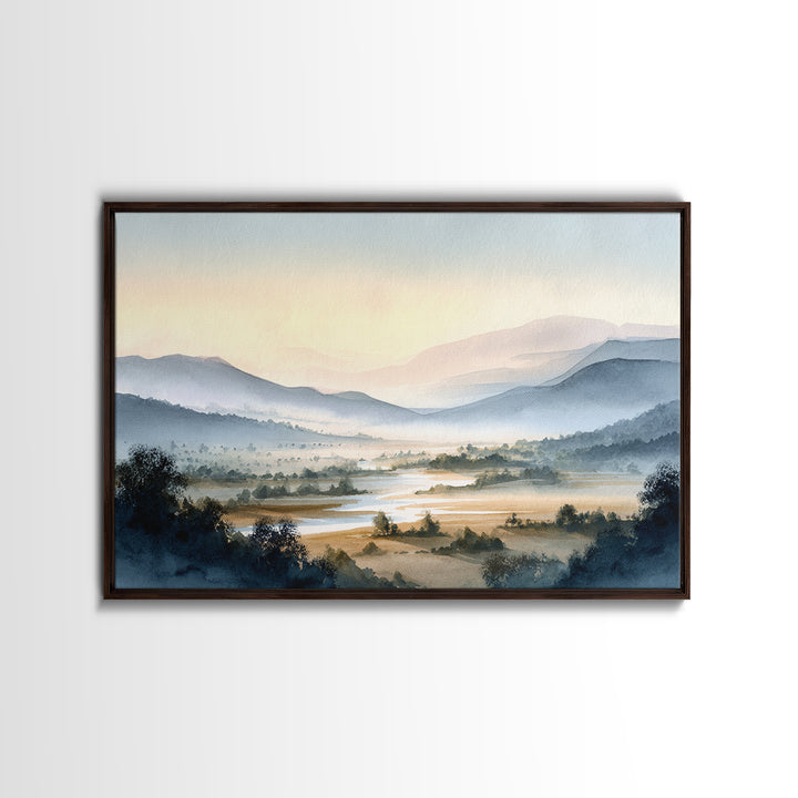 Misty Mountain Valley at Sunrise Framed Canvas Print, Landscape Art, Living Room Wall Art, Living Room Decor, Oil Painting, LAN-3x2-5